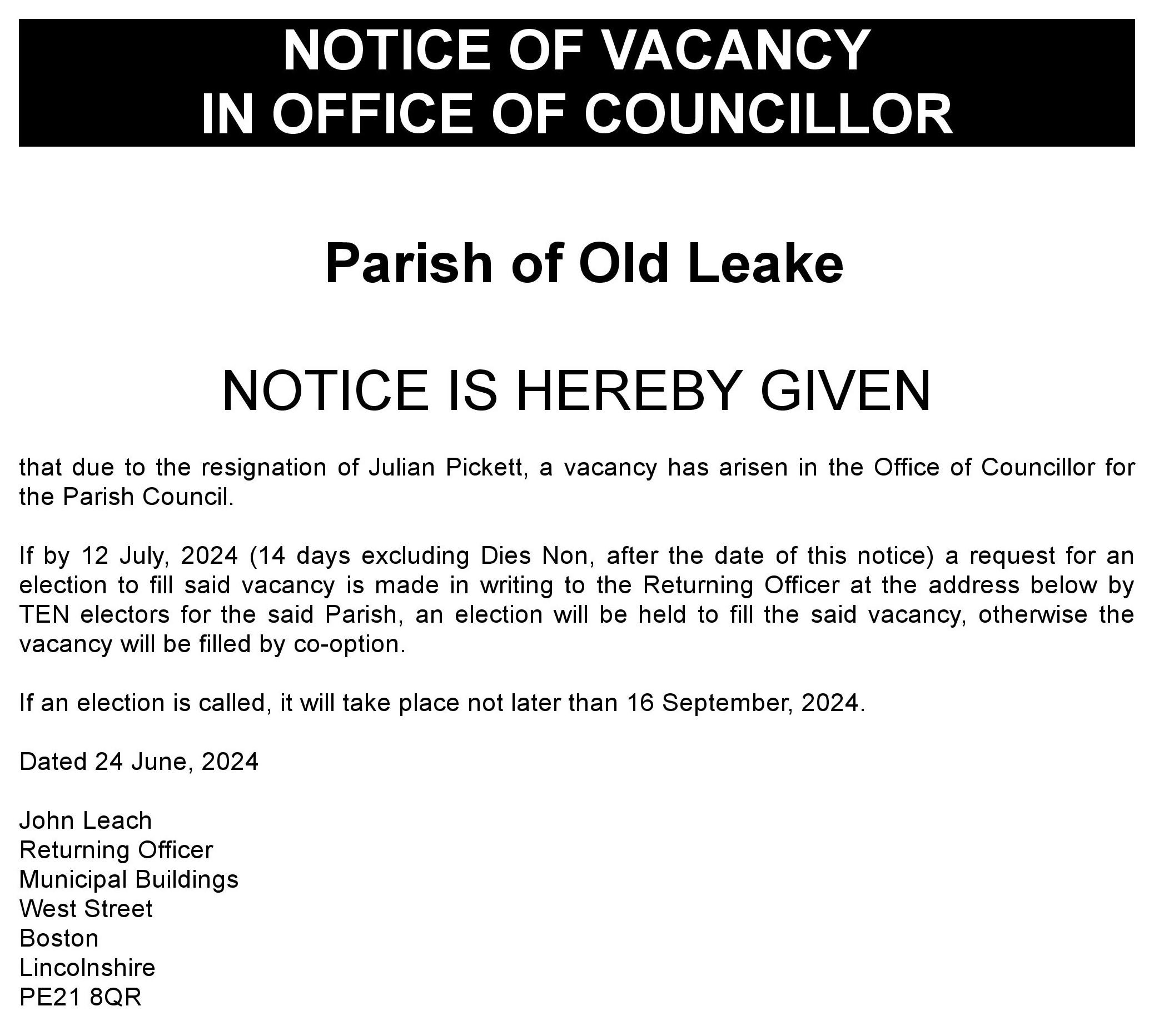 Notice of vacancy in office of councillor jul 24